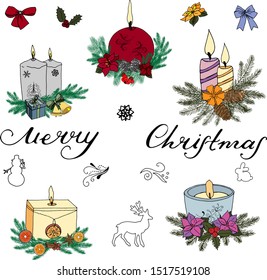 Set of Christmas and New Year elements, symbols on a white background. Vector hand drawn illustration Assortment of Christmas candles .Merry Christmas text.