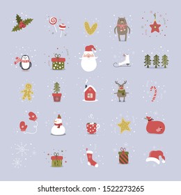 Set of Christmas and New Year elements with animals and Santa. Vector illustration.