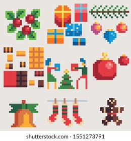 Set of Christmas and New Year elements. Greeting card design. Bell, socks, gingerbread, chocolate, gift and fir-tre. Man and woman near a Christmas tree give gifts. Isolated vector illustration.