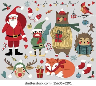 Set of Christmas and New Year elements with animals and Santa. Hand drawn Vector illustration.