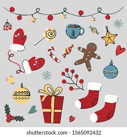 Set of Christmas and New Year elements: mittens, cookie man, coffee, cocoa, present, red socks, candy sweets, lights, berries, snowflakes. Hand drawn Vector illustration.