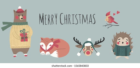 Set of Christmas and New Year elements with animals and lettering. Hand drawn Vector illustration.