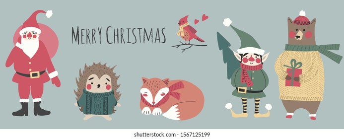 Set of Christmas and New Year elements with lettering,animals and Santa. Hand drawn Vector illustration.