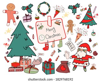 Set of Christmas and New Year elements, vector. Merry event Santa Claus and gingerbread man, turkey. Holiday doodles for postcards, prints, fabrics, decoration.