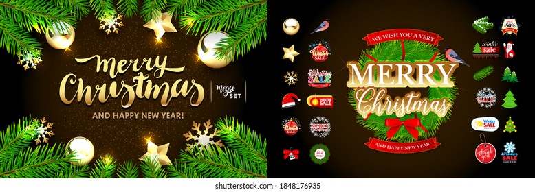 Set of Christmas and New Year elements. Snowflakes, Santa Claus, christmas tree, gifts, calligraphy, lettering, animals and other elements. Vector illustration.