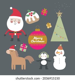 Set of Christmas and New Year elements with animals, snowman, cookie, letter to Santa, christmas cake, candy and Santa. Vector illustration.