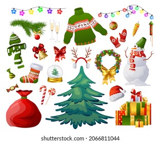 Set of Christmas. New year elements on white background. Garland, snowman, tree, bell, gift, sack of presents, candies, reindeer sweater. Isolated objects for celebration party. Vector illustration