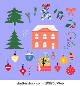 Set of Christmas, New Year elements. Vector illustration in flat style isolated on blue. Cute house, tree, balls, garland, christmas plants