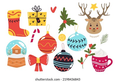 Set von Weihnachten und Neujahr Elemente mit Tieren und Weihnachtsmann. Vektorgrafik. Sock, Geschenk, Hirsch, Spielzeug, Glaskugel,