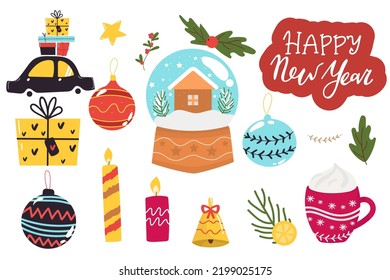 Set of Christmas and New Year elements with car with gifts, balls calendar, glass ball, bow, lettering Happy New Year, candles, bell. Vector illustration.