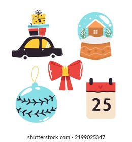 Set of Christmas and New Year elements withcar with gifts, balls calendar, glass ball, bow. Vector illustration.