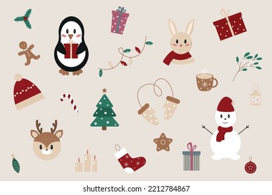 Set of Christmas and New Year elements in flat style. Cute animals and traditional symbols. Vector illustration