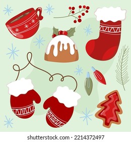 Set of Christmas or New Year elements. Cute cozy hand drawn vector clip art.