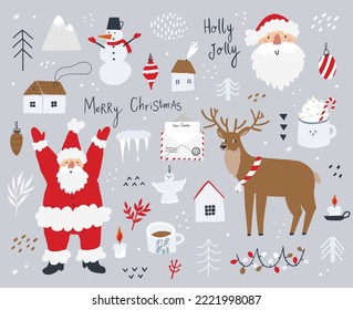 Set of Christmas and new year elements. Santa Claus, reindeer, cute houses, and Christmas tree are isolated on white background.
