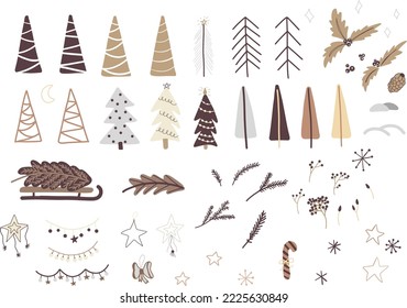 Set von Weihnachten und Neujahr Elemente. Handgezeichnete Illustration. Jutegeschenke, Süßigkeiten, Bäume, Häuser und andere Elemente. Das Beste für Neujahr oder Weihnachtsdesign