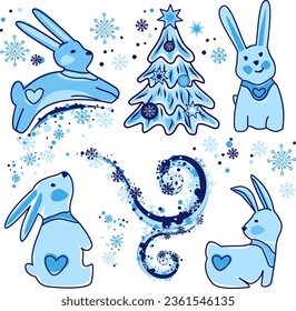 Set of Christmas and New Year elements. Snowflakes, trees, bunnies. Vector illustration.