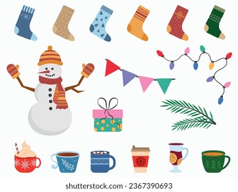 Set of Christmas and New Year elements. Christmas tree, snowman, gift box, mug, Christmas decorations, garlands. Accessories for decorating your home for Christmas and New Year. Winter holidays. 