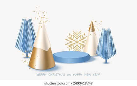 Set of Christmas and New Year elements decorative design. Podium with gold, white trees and glow snow. Xmas blue empty stage with plastic tree and snowflake. Sale product place with confetti.