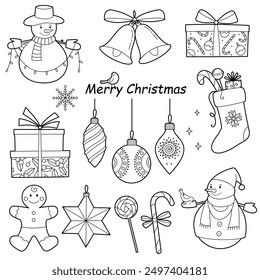 Set of Christmas and New Year elements. Simple outline illustration, isolated on white background, design elements or page of children's coloring book