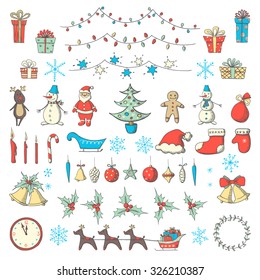 Set of Christmas and new year elements in sketch style. Vector illustration
