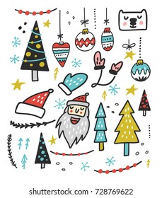 Set of Christmas and New Year elements. Hand drawn design.