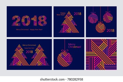 Set of Christmas and New Year elements: cards, wrapping paper. Happy New Year 2018. Merry Christmas. Vector.