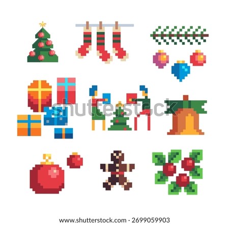 Set of Christmas and New Year elements. Greeting card design. Bell, socks, gingerbread, chocolate, gift and fir-tre. Man and woman near a Christmas tree give gifts. Isolated vector illustration.