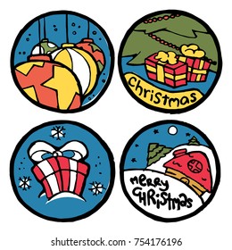 Set of Christmas and New Year emblems. Gift, house among snowy hills landscape, balls. Merry Christmas text. 