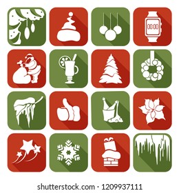 Set of Christmas and New Year flat icons with long shadows on rectangles. Vector illustration.
