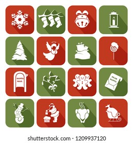 Set of Christmas and New Year flat icons with long shadows on rectangles. Vector illustration.