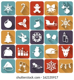 Set of christmas and new year flat icons with long shadows. Vector illustration.