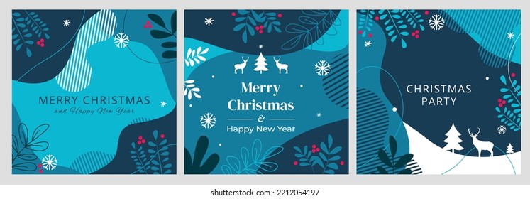 Juego de banners de diseño plano de Navidad y Año Nuevo en medios sociales. Ilustraciones de vectores dibujadas a mano para banners de sitios web y móviles, marketing en Internet, tarjetas de felicitación y diseño de material impreso.
