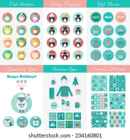 Set of Christmas and New Year flat vector design elements and icons. Avatars, penguins, gift boxes, symbol of year, clothing, hat and seamless patterns for holiday design