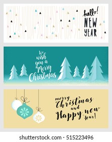 Set of Christmas and New Year flat design social media banners. Hand drawn vector illustrations for website and mobile banners, internet marketing, greeting cards and printed material design.