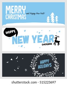 Set of Christmas and New Year flat design social media banners. Hand drawn vector illustrations for website and mobile banners, internet marketing, greeting cards and printed material design.
