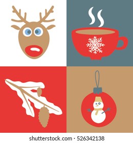 Set of Christmas and New Year flat icons. Tree decorations, snowman, snowflake, deer, cup vector illustrator