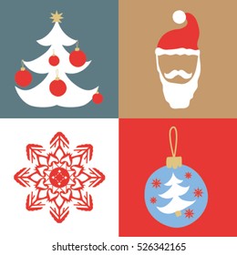 Set of Christmas and New Year flat icons. Tree decorations, snowman, snowflake vector illustrator