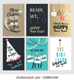 Set of Christmas and New Year flat design greeting cards. Hand drawn vector illustration concepts.