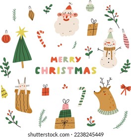 Set of Christmas and New Year funny decorative elements. Santa Claus, snowman, toys, tree, cocoa cups, stocking. Vector hand drawn cartoon illustration.