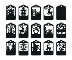 Set Of Christmas And New Year Gift Tags, Template Label Clipart Paper Cut Silhouette