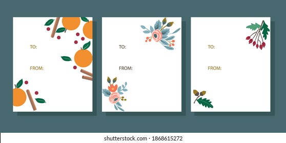 Set of Christmas and New Year gift tags.  Collection of holiday paper label. Vector illustration. 