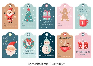 A set of Christmas and New Year gift tags. Vector winter illustrations in cartoon style. Happy New Year and Christmas