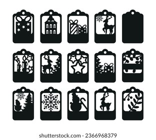 Set of Christmas and New Year gift tags, template label clipart paper cut silhouette