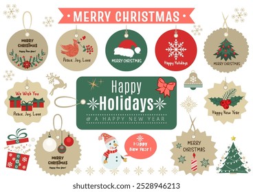 Set of Christmas and New Year gift tags. All in layered and grouped. Vector.