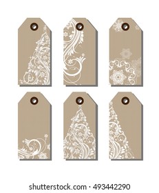 Set of Christmas and New Year gift tags with  Christmas trees and snowflakes. Christmas And New Year background. Vector illustration.