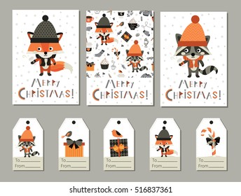 Set of Christmas and New Year gift tags and greeting cards with cute fox, raccoon and coffee drinks. Cute Christmas labels