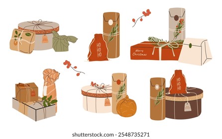 Un conjunto de Navidades y regalos de Año Nuevo de varias Formas en envases ecológicos, decorados con rosa mosqueta, muérdago, ramas de pino. Aislado en un fondo blanco. Ilustración vectorial.