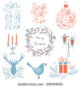 Set of Christmas and New Year graphic elements icons for your design. Christmas icons, signs, symbols. Deer, bird, burning candle, balls, gift boxes. 2017