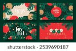 Set of Christmas and New Year greeting banners. Trendy vector illustration with Christmas decorative elements and typography design. Bright Christmas banners for ads, cover, social media.