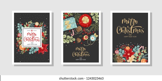 Set of Christmas and new year greeting cards in vintage style. Labels and holiday elements. Vector illustration.